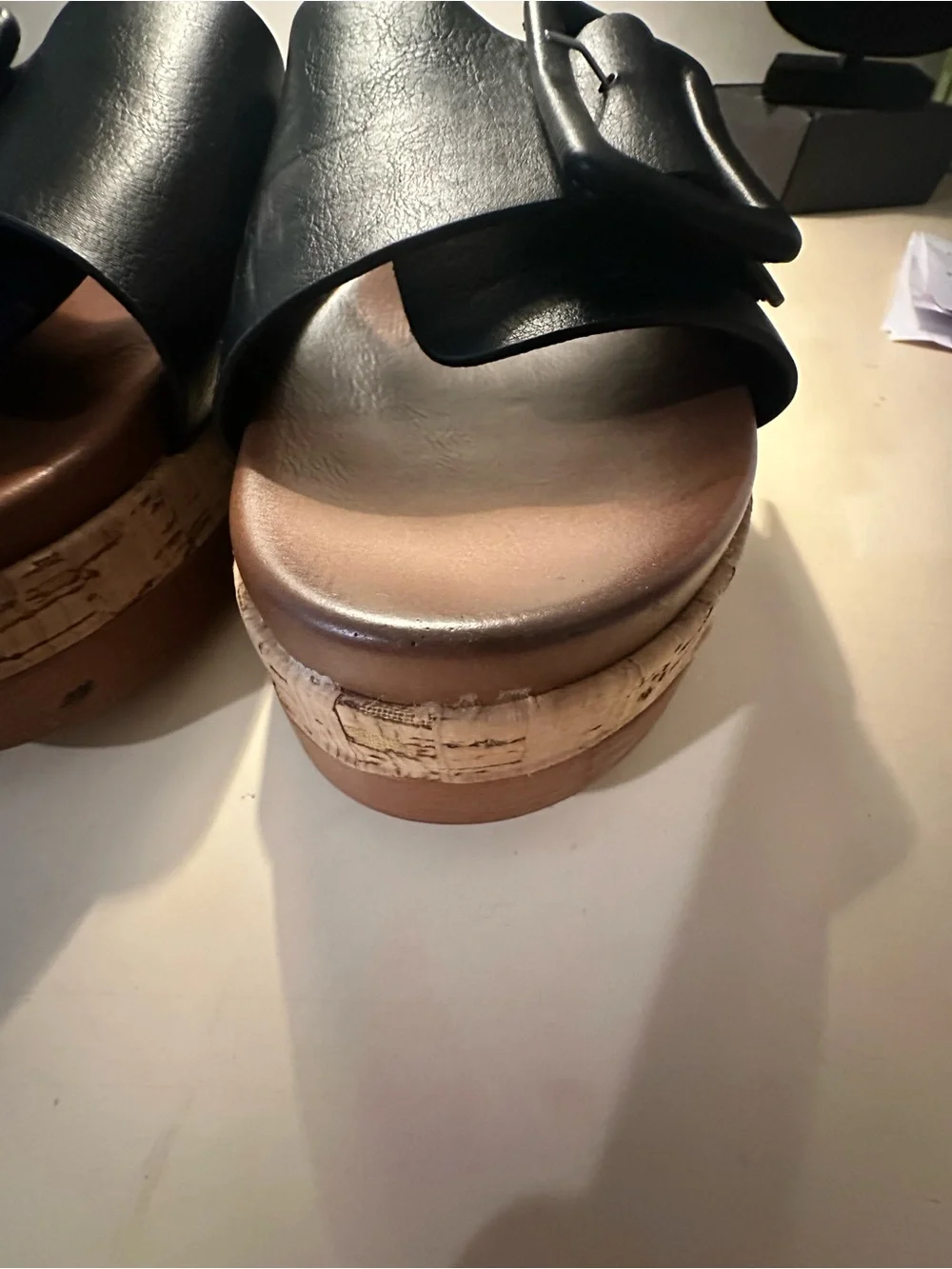 BAMBOO Black Buckle Wide-Band Wedge Slide Sandals